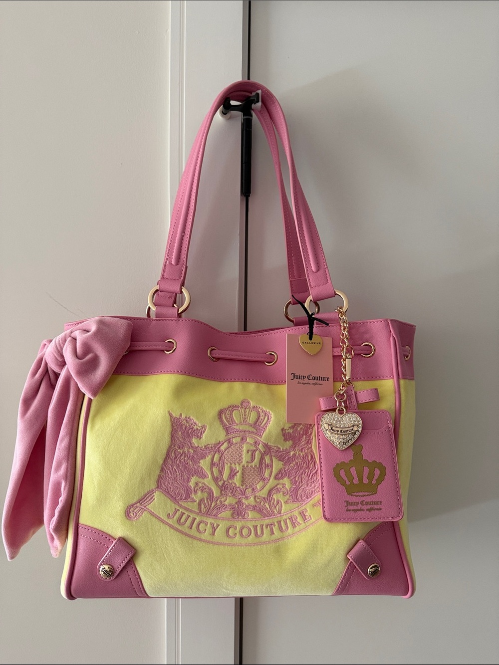 Juicy Couture Scottie Daydreamer Pink and Yellow Crest Tote with Bow Charm